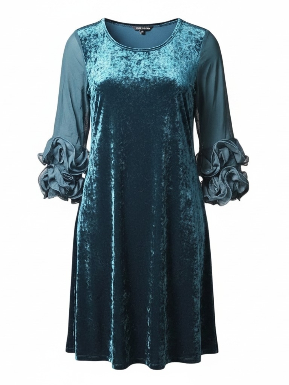NINA LEONARD | Crushed Velvet Trapeze Dress Green Ruffle‎ Mesh Sleeve Party | XL